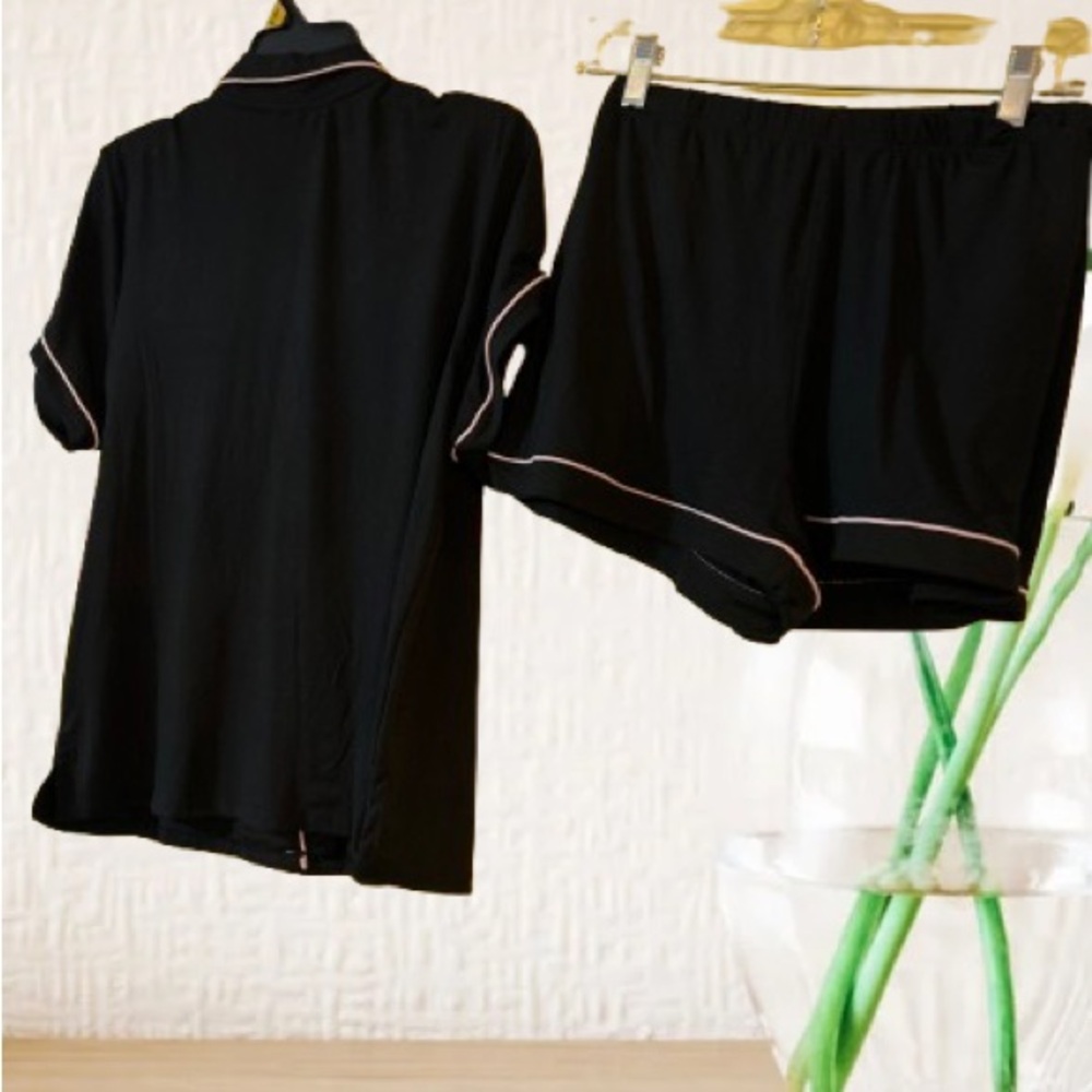 Black Short-Sleeve Pajama Set with Pink Trim - Picture 2 of 2